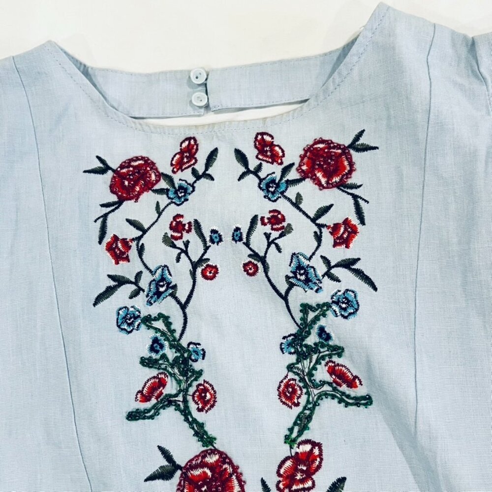Zara Light Blue Beaded Floral Embroidery Ruffle Sleeveless Blouse with Open Back - Picture 5 of 9